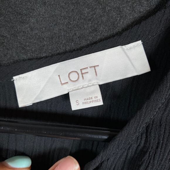 LOFT Womens Blouse Black Pleated Front 3/4 Flared Sleeve Ruffles Stretch Small - Picture 6 of 14